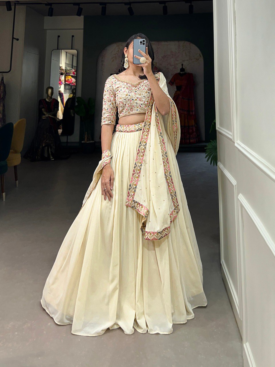 Cream Georgette Embroidery work Lehenga Choli with Dupatta | Bridesmaid Wedding Lehenga Choli for women Trendmalls