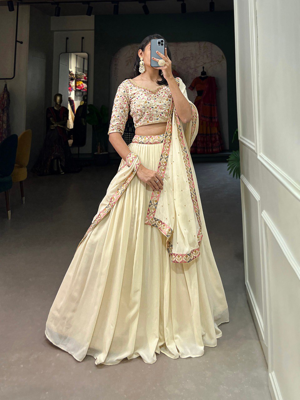 Cream Georgette Embroidery work Lehenga Choli with Dupatta | Bridesmaid Wedding Lehenga Choli for women Trendmalls
