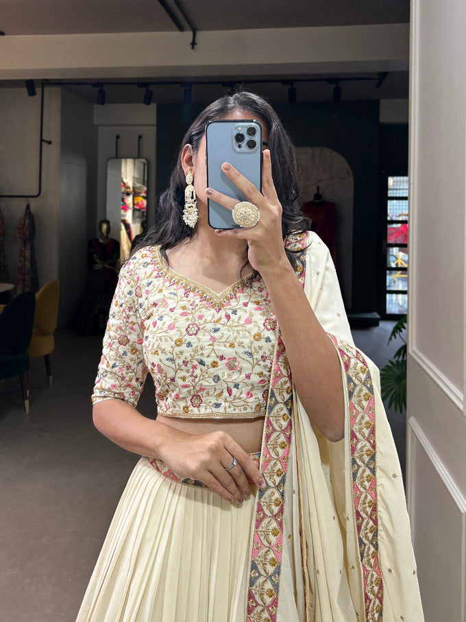 Cream Georgette Embroidery work Lehenga Choli with Dupatta | Bridesmaid Wedding Lehenga Choli for women Trendmalls