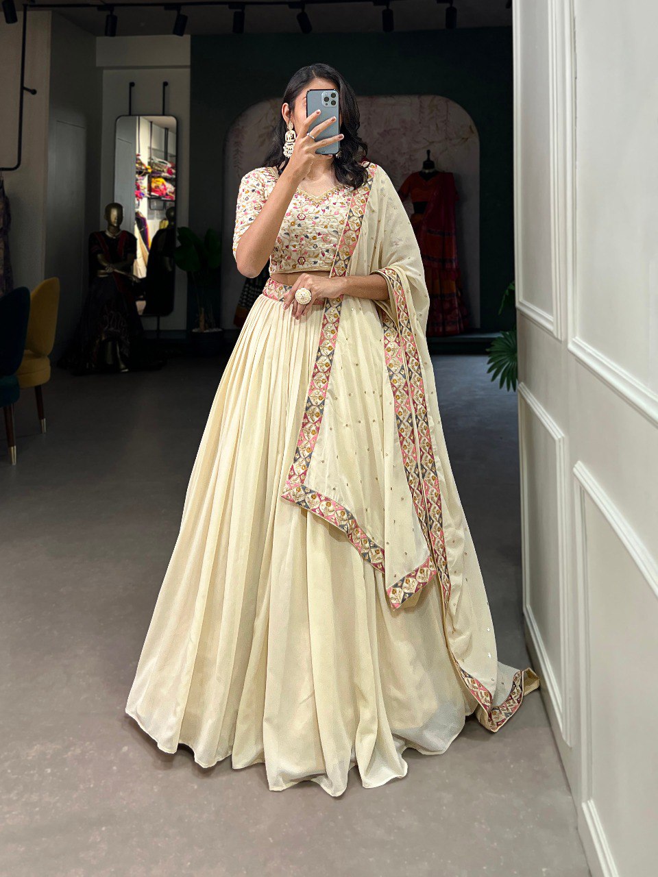 Cream Georgette Embroidery work Lehenga Choli with Dupatta | Bridesmaid Wedding Lehenga Choli for women Trendmalls