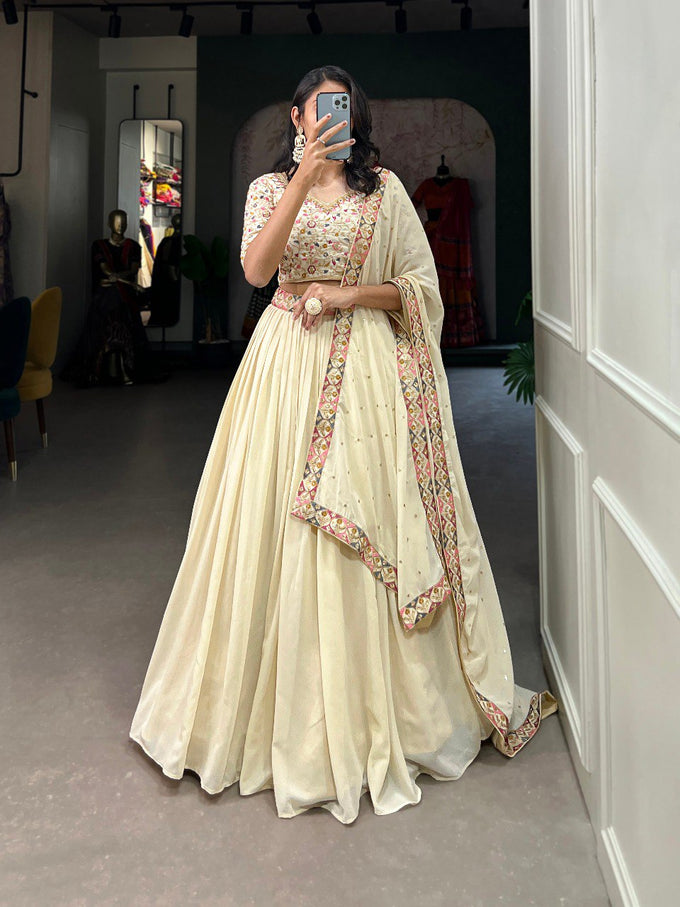Cream Georgette Embroidery work Lehenga Choli with Dupatta | Bridesmaid Wedding Lehenga Choli for women Trendmalls