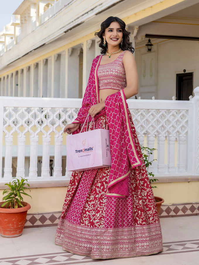 Pink Art Silk Embroidery Work Lehenga Choli with Dupatta | Bridal Sangeet Lehenga Choli for women Trendmalls
