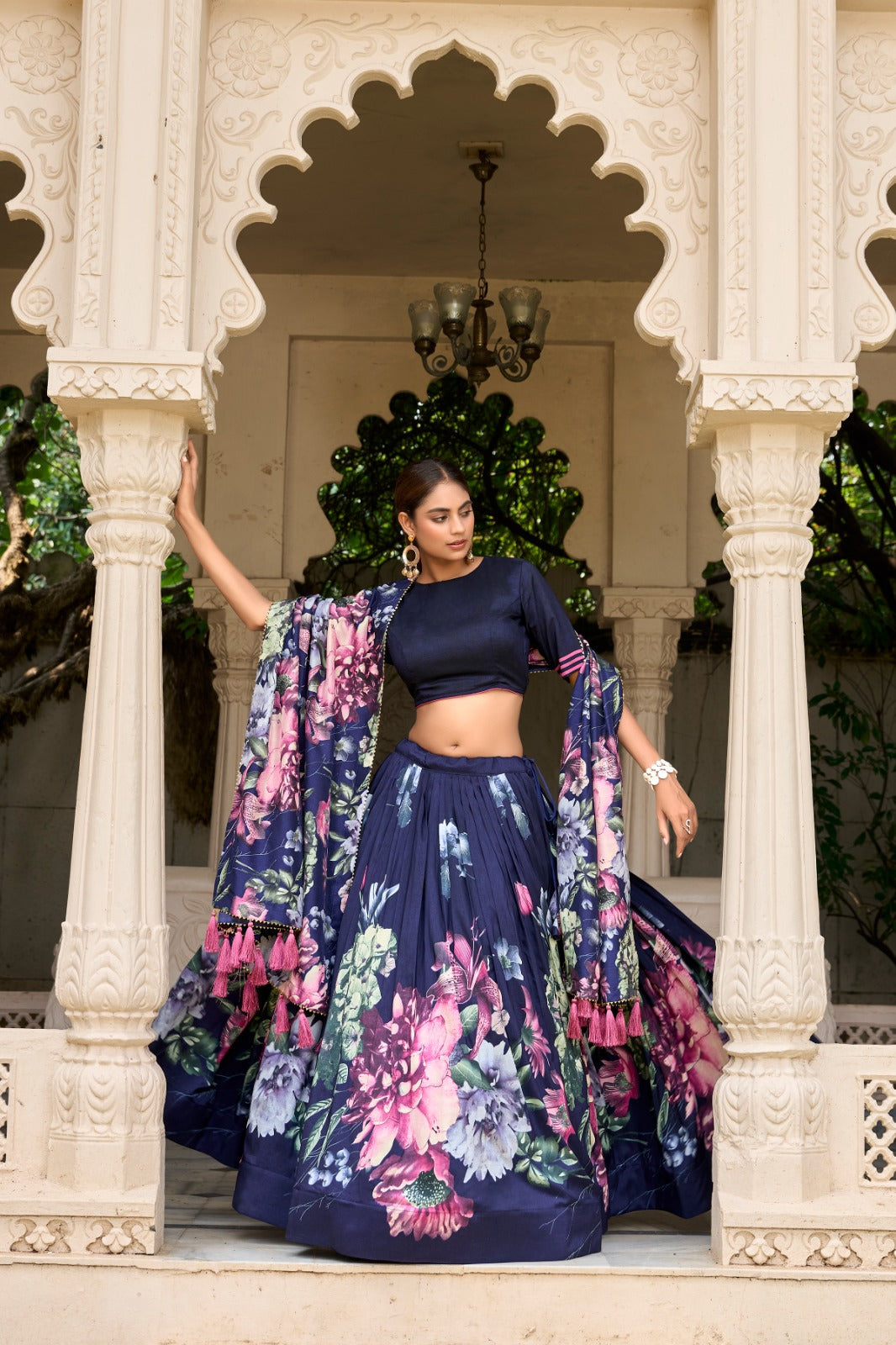 Blue Jam Satin Flower Printed Semi-Stitched Lehenga Choli with Dupatta For Women's Trendmalls