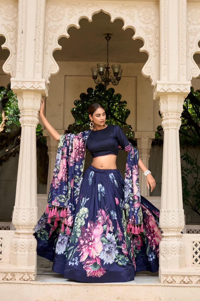 Blue Jam Satin Flower Printed Semi-Stitched Lehenga Choli with Dupatta For Women's Trendmalls