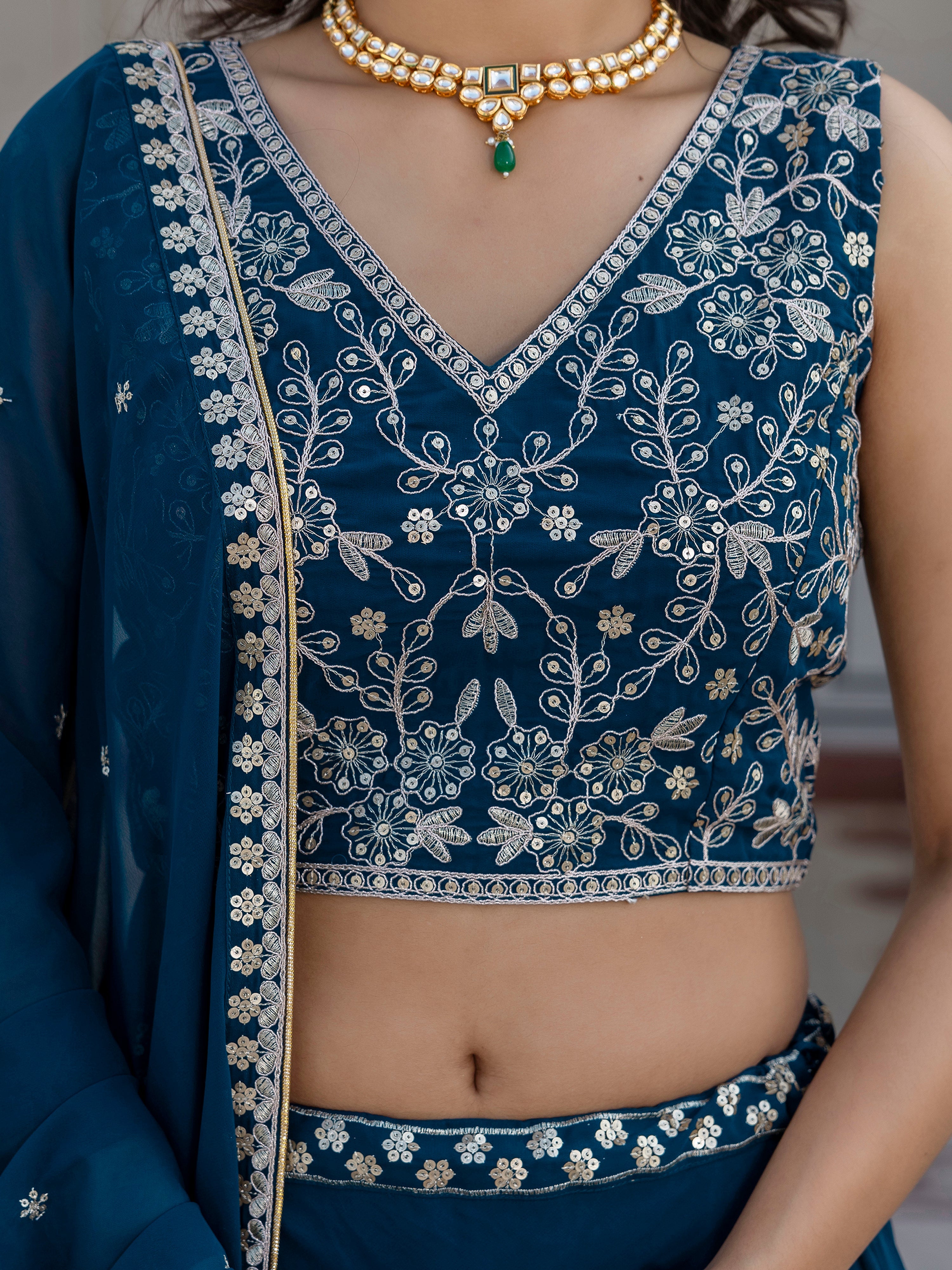 Morpeach Georgette Plain Lehenga with Embroidery work Choli Dupatta Set Trendmalls