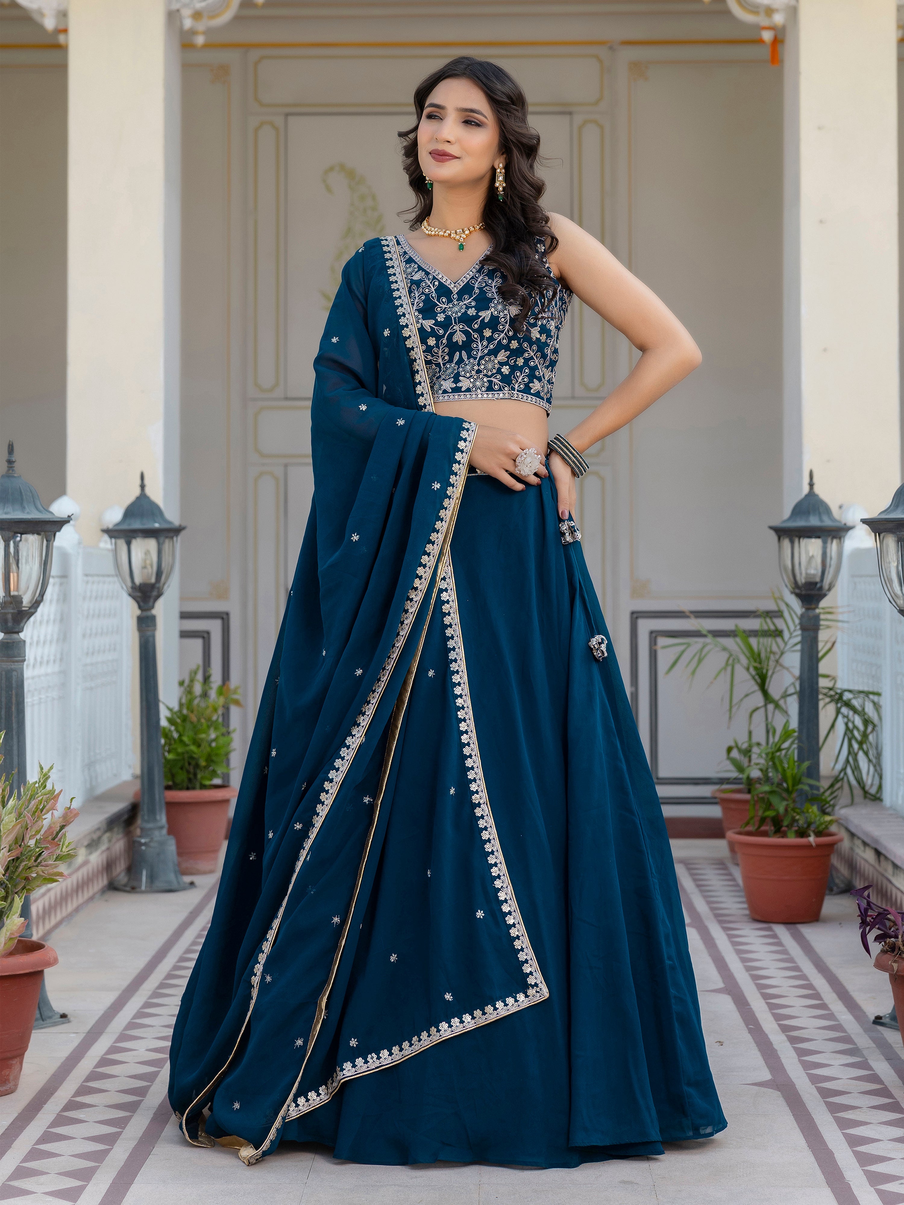 Morpeach Georgette Plain Lehenga with Embroidery work Choli Dupatta Set Trendmalls