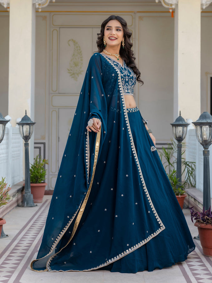 Morpeach Georgette Plain Lehenga with Embroidery work Choli Dupatta Set Trendmalls