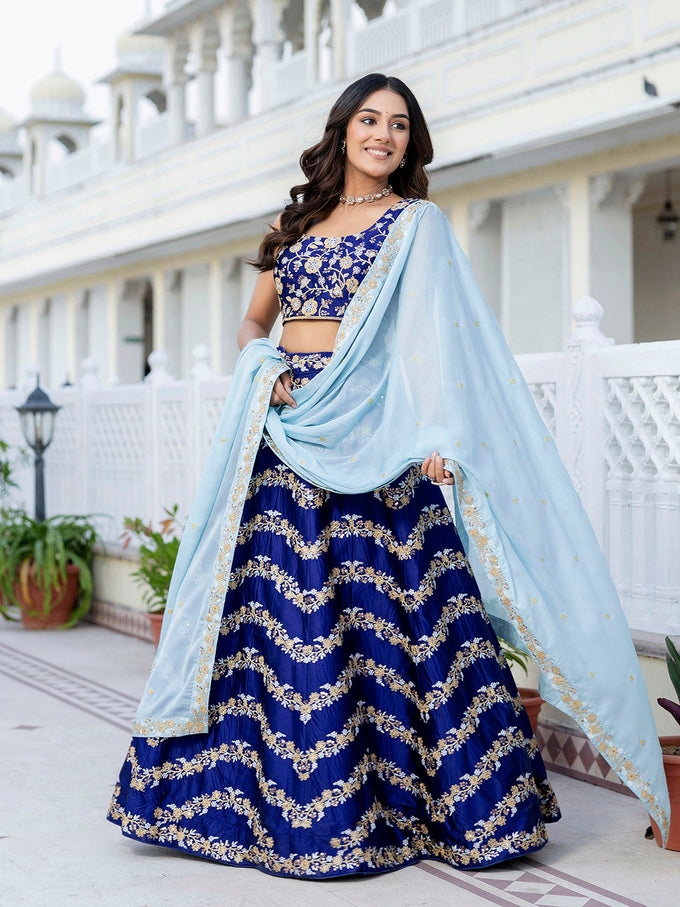 Blue Satin Sequin Embroidery Work Lehenga Choli with Dupatta Trendmalls