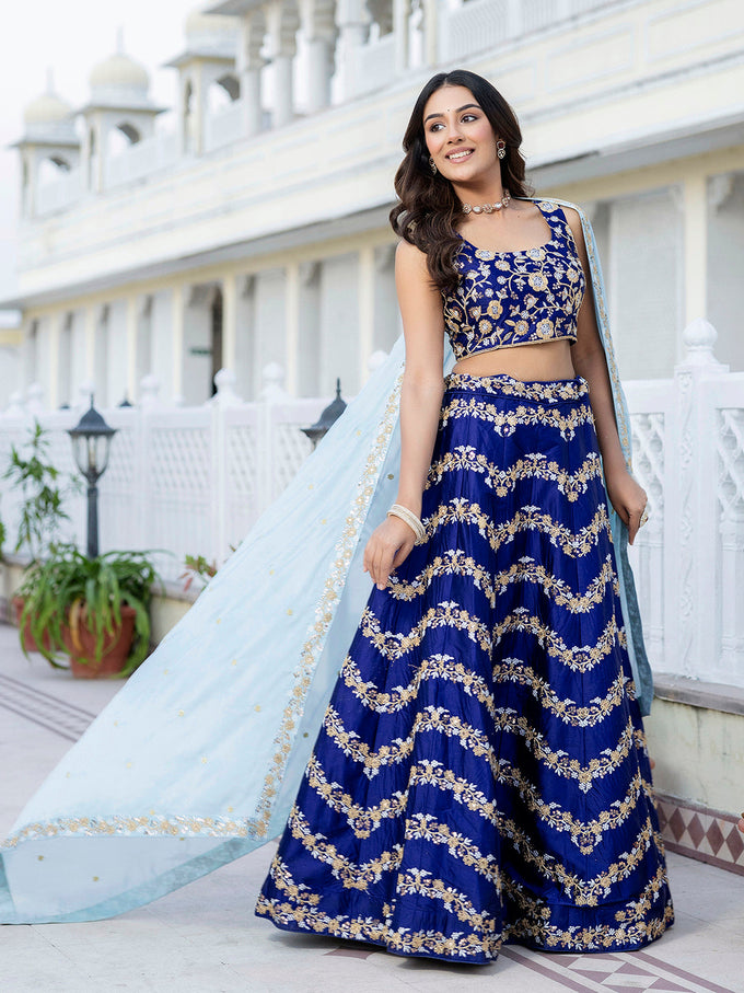 Blue Satin Sequin Embroidery Work Lehenga Choli with Dupatta Trendmalls