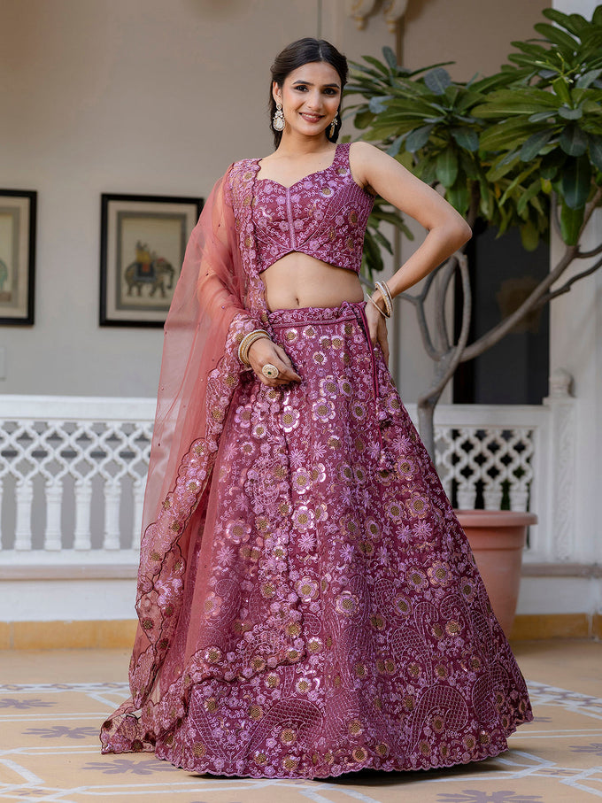 Pink Women's Art Silk Sequin Embroidery Work Lehenga Choli Dupatta Set Trendmalls