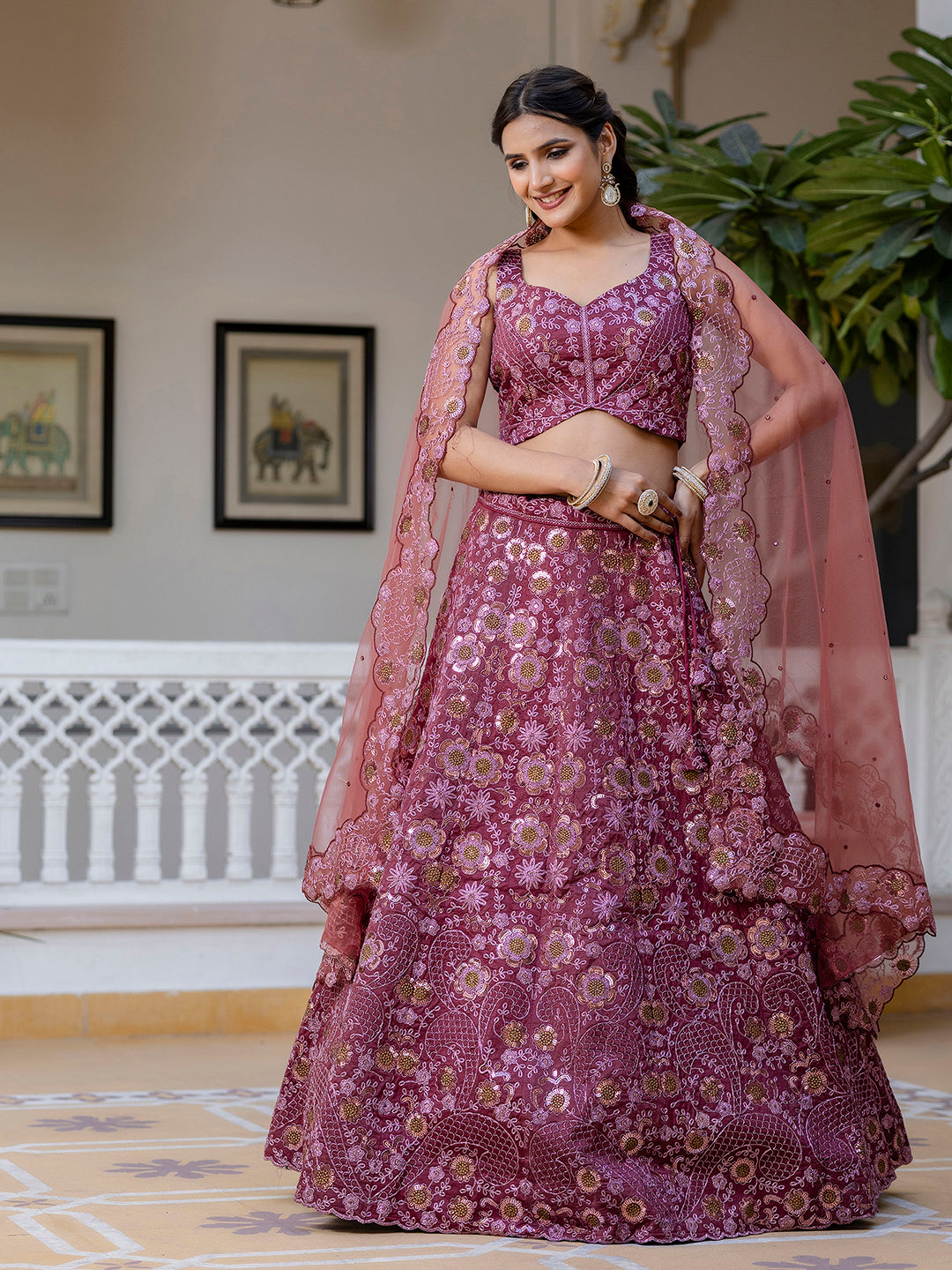 Pink Women's Art Silk Sequin Embroidery Work Lehenga Choli Dupatta Set Trendmalls