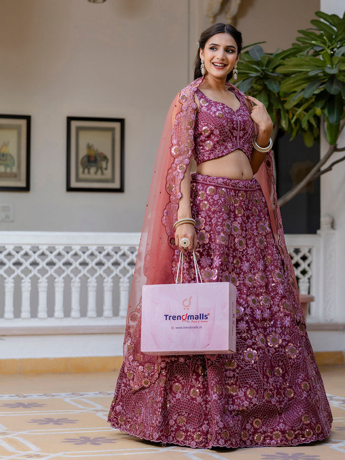 Pink Women's Art Silk Sequin Embroidery Work Lehenga Choli Dupatta Set Trendmalls