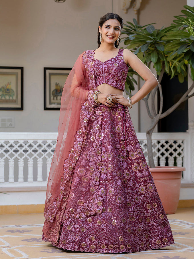 Pink Women's Art Silk Sequin Embroidery Work Lehenga Choli Dupatta Set Trendmalls