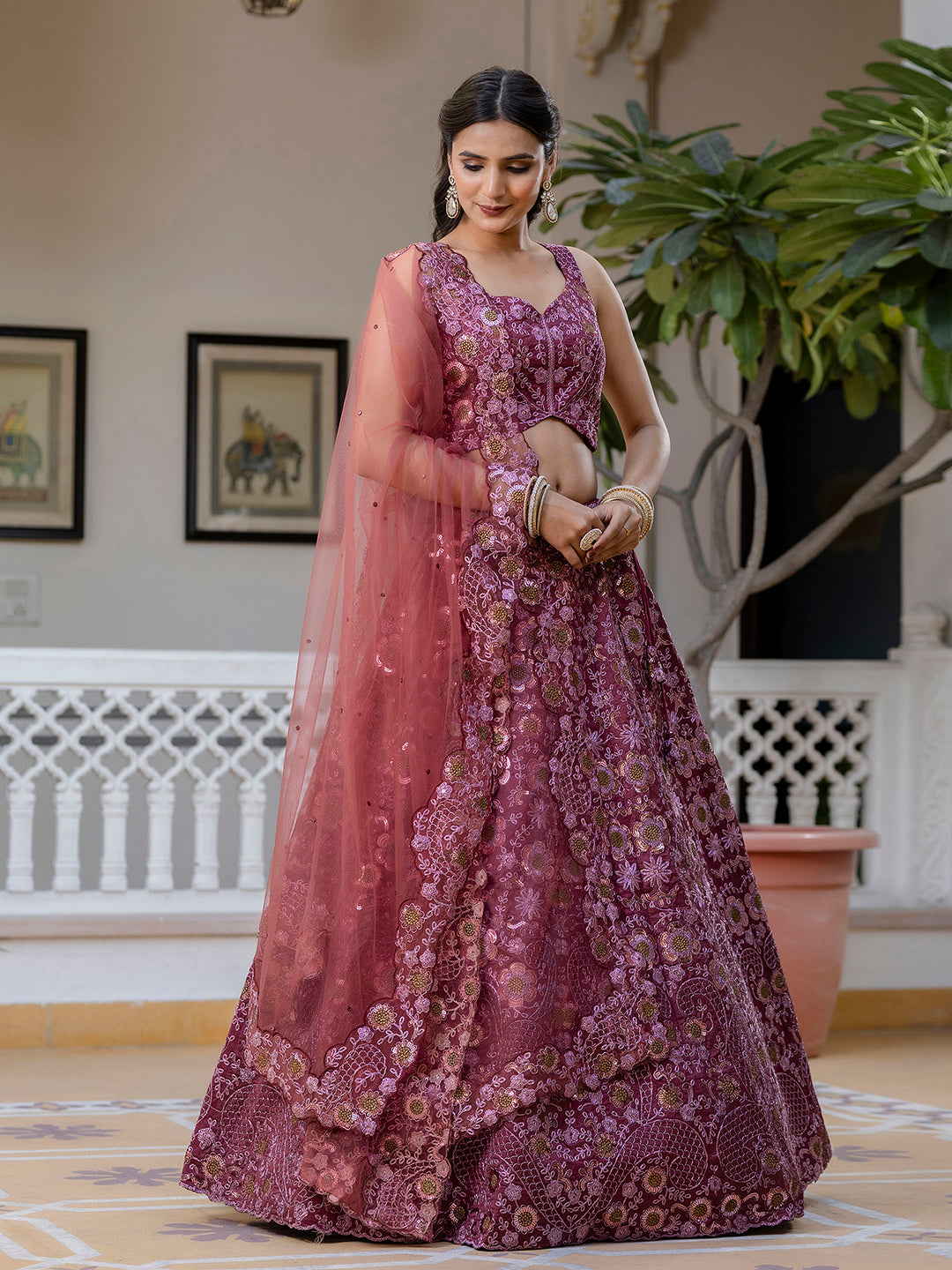 Pink Women's Art Silk Sequin Embroidery Work Lehenga Choli Dupatta Set Trendmalls