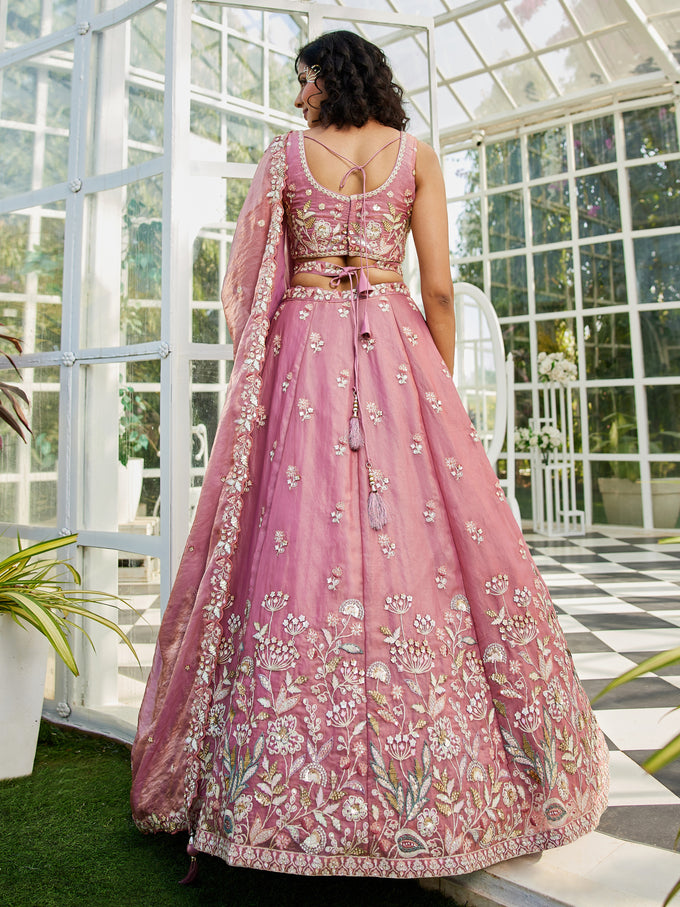 Light Pink Satin Embroidery Work Lehnga Choli With Dupatta