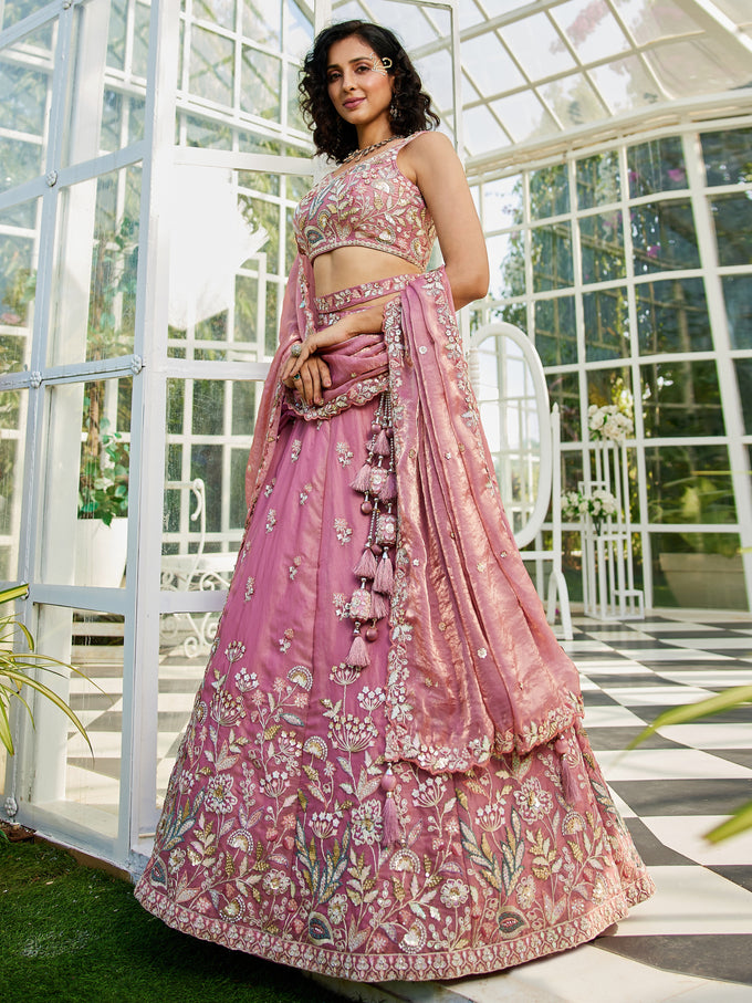 Light Pink Satin Embroidery Work Lehnga Choli With Dupatta