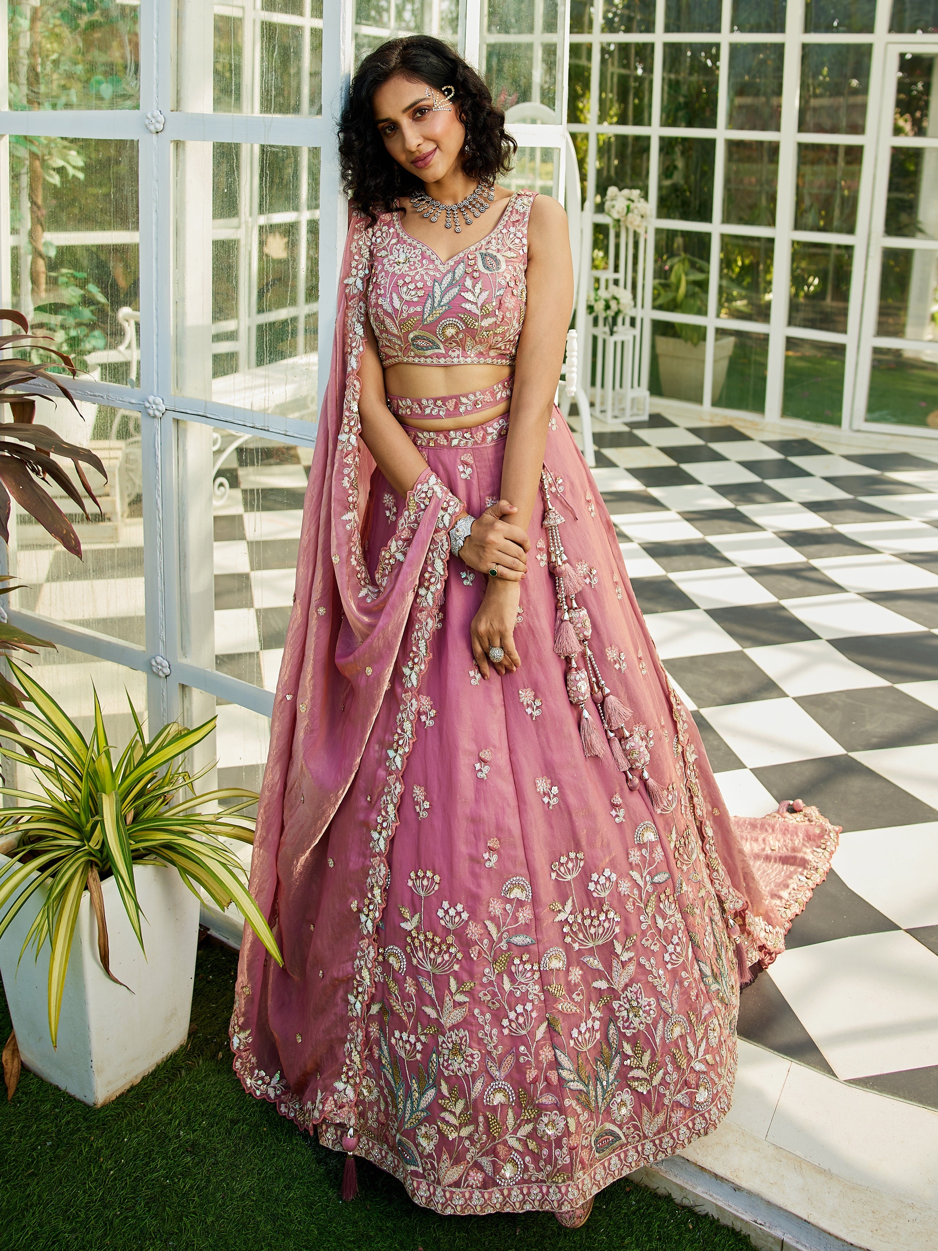 Light Pink Satin Embroidery Work Lehnga Choli With Dupatta