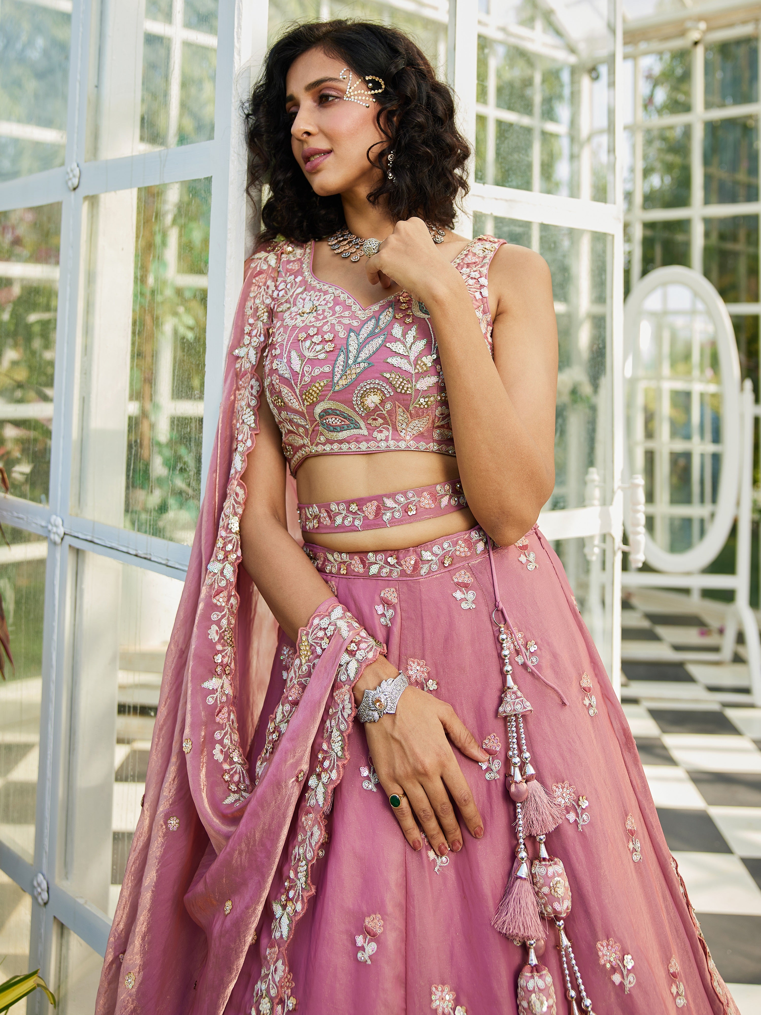 Light Pink Satin Embroidery Work Lehnga Choli With Dupatta