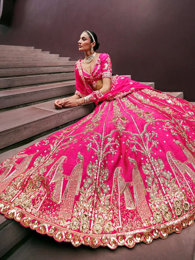 Pink Art Silk Semi Stitched Embroidery With Golden Sequin Work Lehenga Choli With Dupatta For Bridal Trendmalls