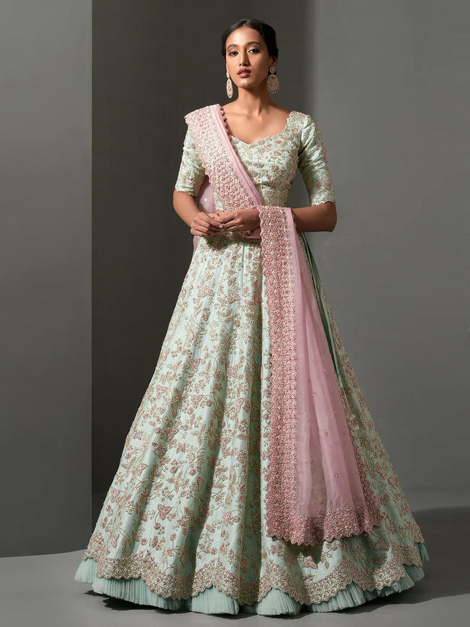 Pista Art Silk Embroidery Work Lehenga Choli Unstitch Blouse With Dupatta For Women