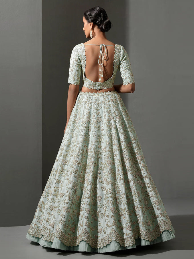 Pista Art Silk Embroidery Work Lehenga Choli Unstitch Blouse With Dupatta For Women