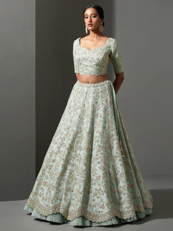 Pista Art Silk Embroidery Work Lehenga Choli Unstitch Blouse With Dupatta For Women