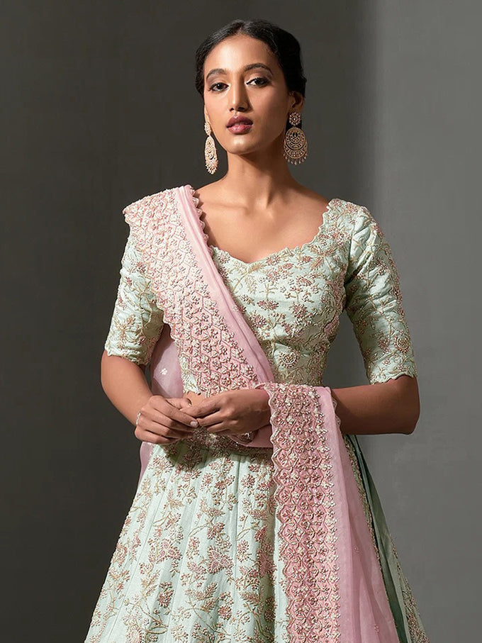 Pista Art Silk Embroidery Work Lehenga Choli Unstitch Blouse With Dupatta For Women