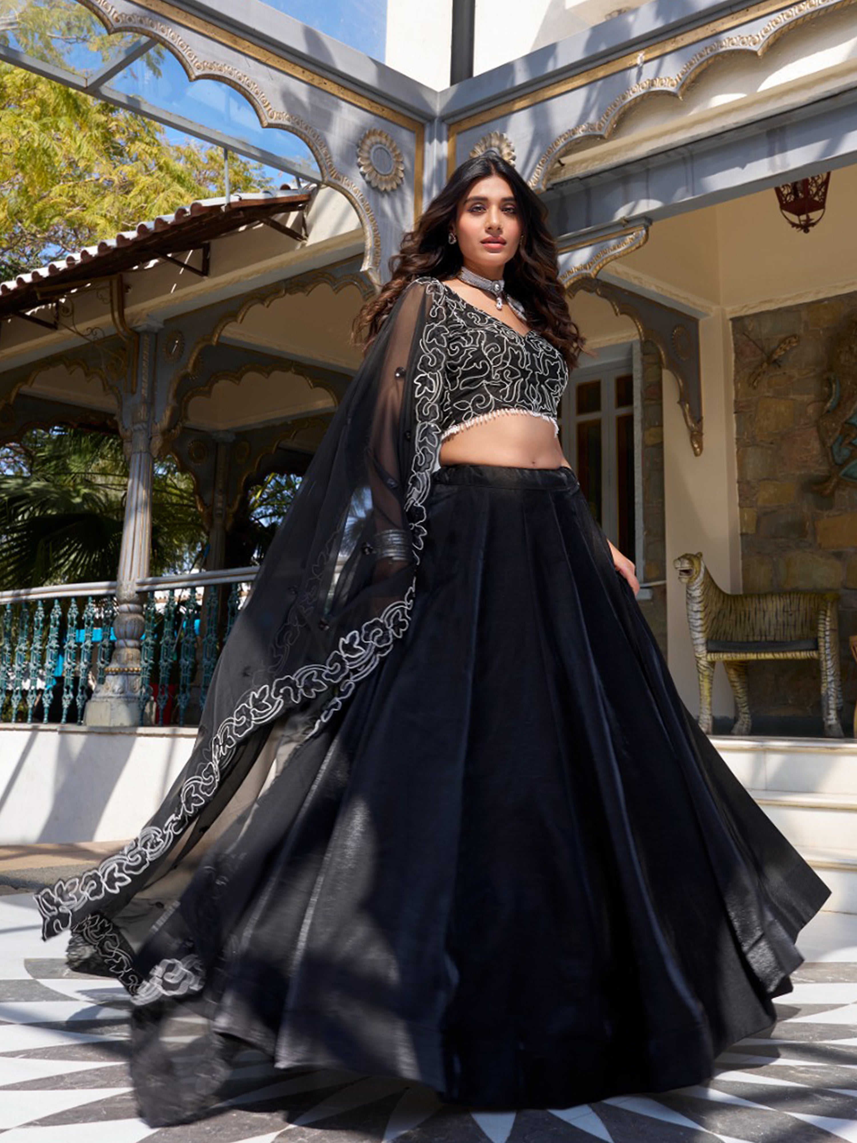 Black Tussar Silk Embroidered Semi-Stitched Lehenga & Unstitched Blouse With Dupatta