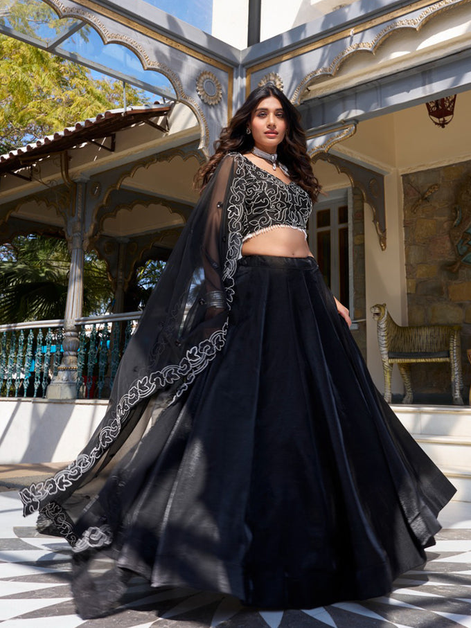 Black Tussar Silk Embroidered Semi-Stitched Lehenga & Unstitched Blouse With Dupatta