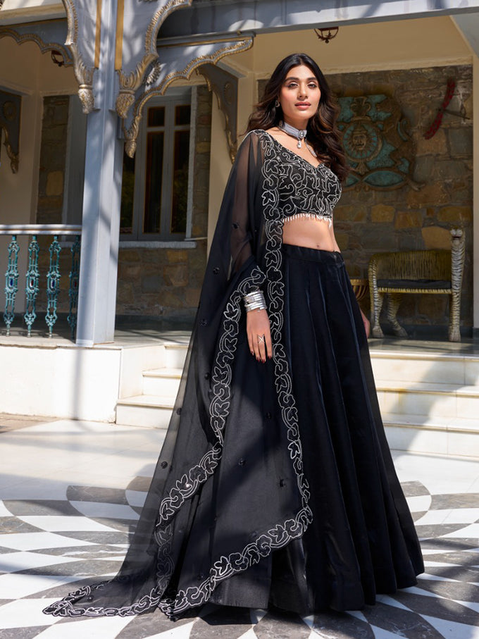 Black Tussar Silk Embroidered Semi-Stitched Lehenga & Unstitched Blouse With Dupatta
