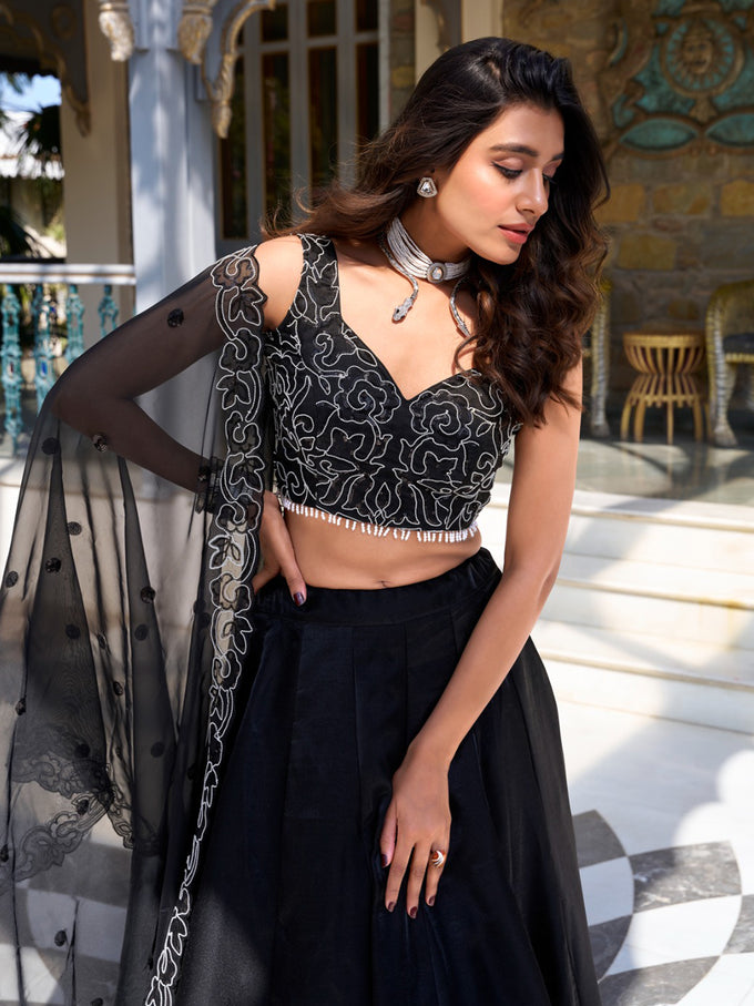 Black Tussar Silk Embroidered Semi-Stitched Lehenga & Unstitched Blouse With Dupatta