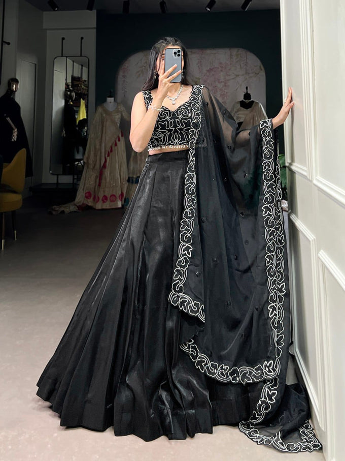 Black Tussar Silk Embroidered Semi-Stitched Lehenga & Unstitched Blouse With Dupatta