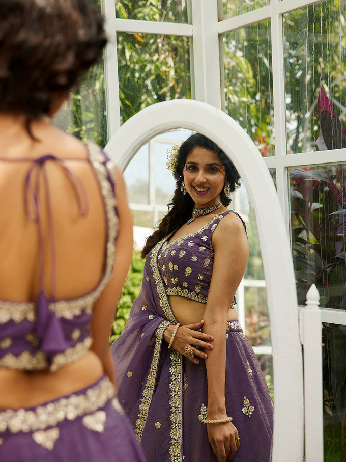 Purple Georgette Embroidery Work Lehenga Choli Unstitch Blouse With Dupatta For Women