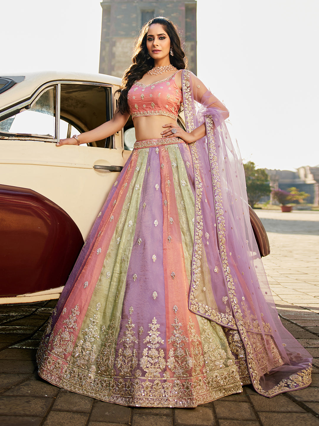 Multi Art Silk Embroidery Work Lehenga Choli Unstitch Blouse With Dupatta For Women