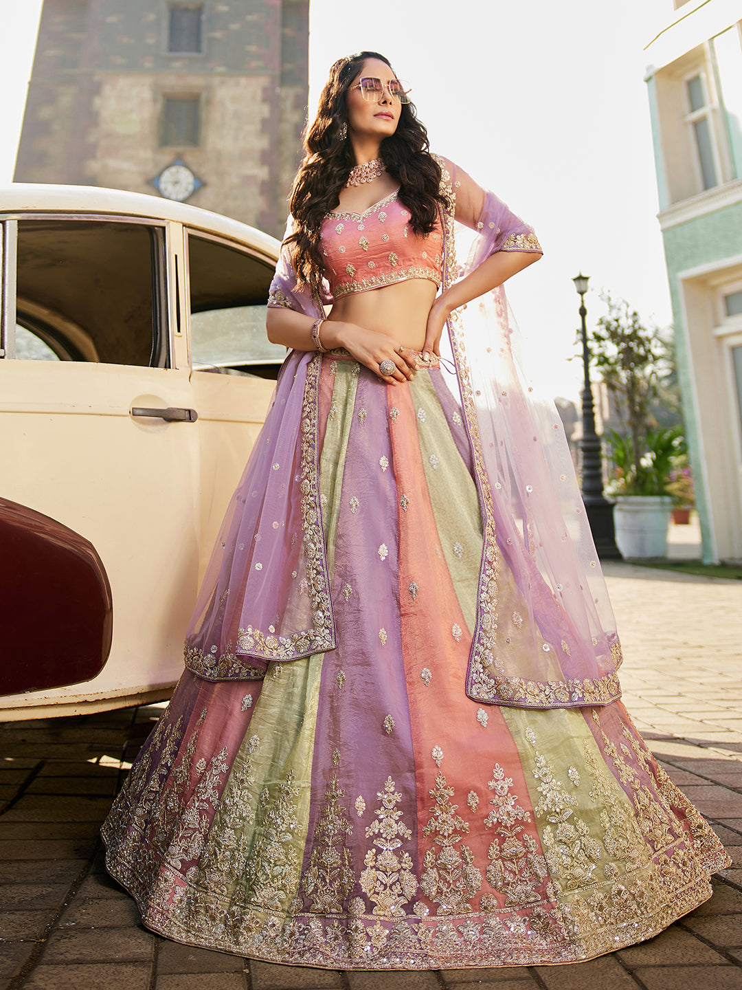 Multi Art Silk Embroidery Work Lehenga Choli Unstitch Blouse With Dupatta For Women