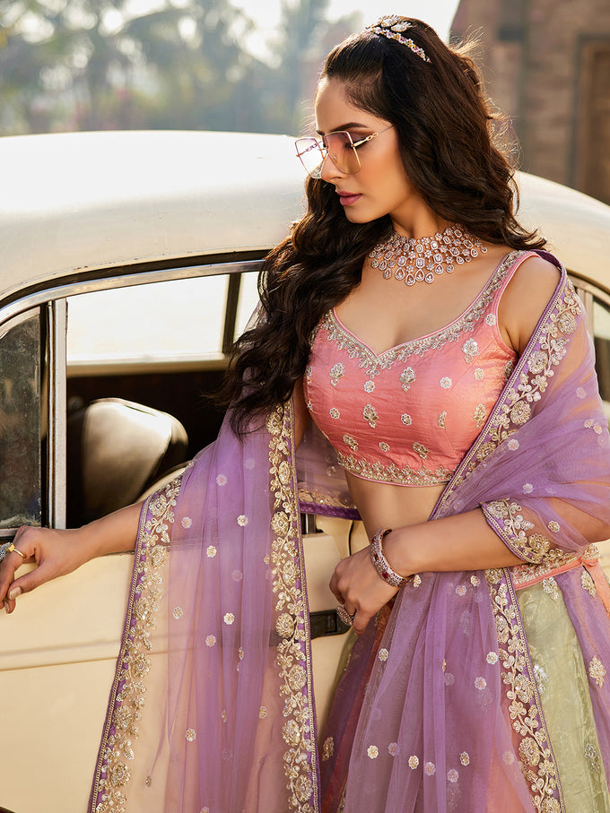 Multi Art Silk Embroidery Work Lehenga Choli Unstitch Blouse With Dupatta For Women