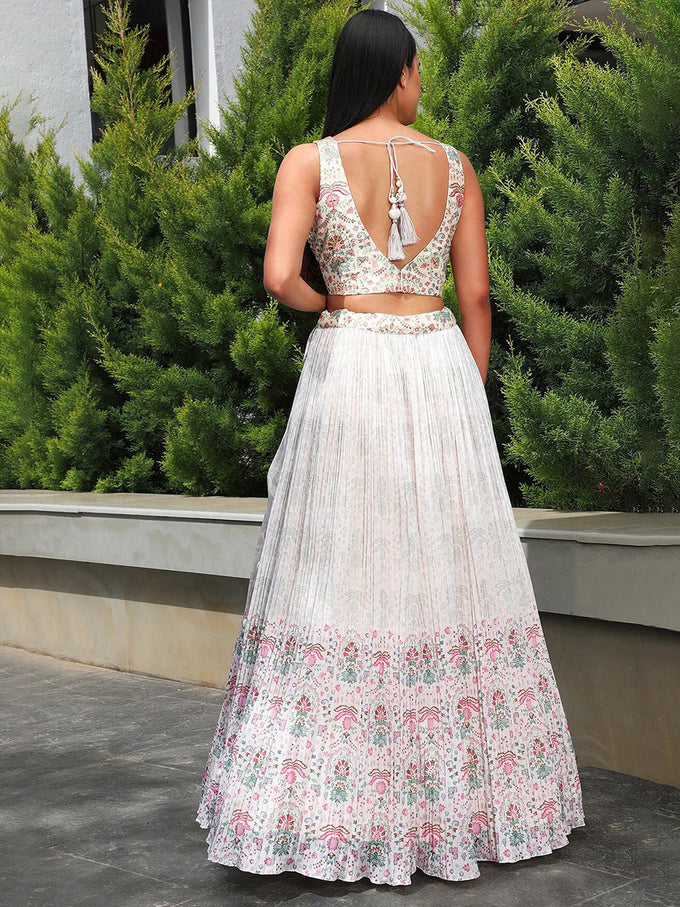 White Georgette Printed Lehenga Choli Unstitch Blouse with Dupatta For Women