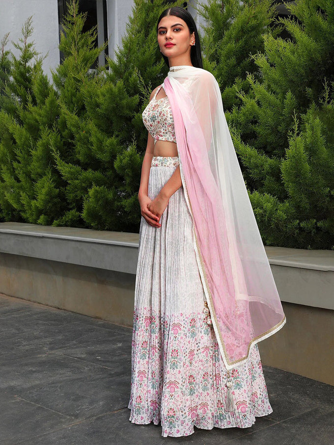 White Georgette Printed Lehenga Choli Unstitch Blouse with Dupatta For Women