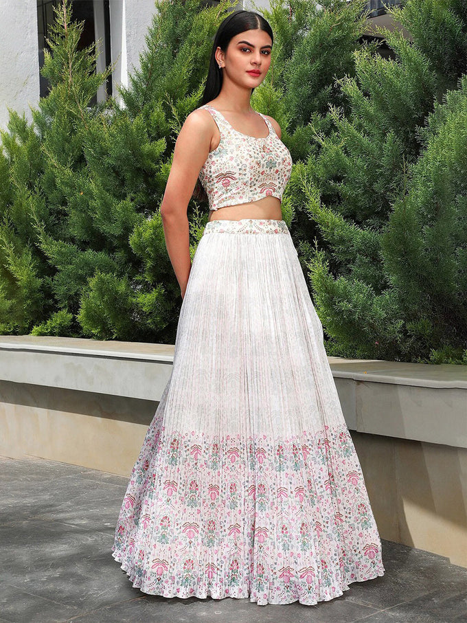 White Georgette Printed Lehenga Choli Unstitch Blouse with Dupatta For Women