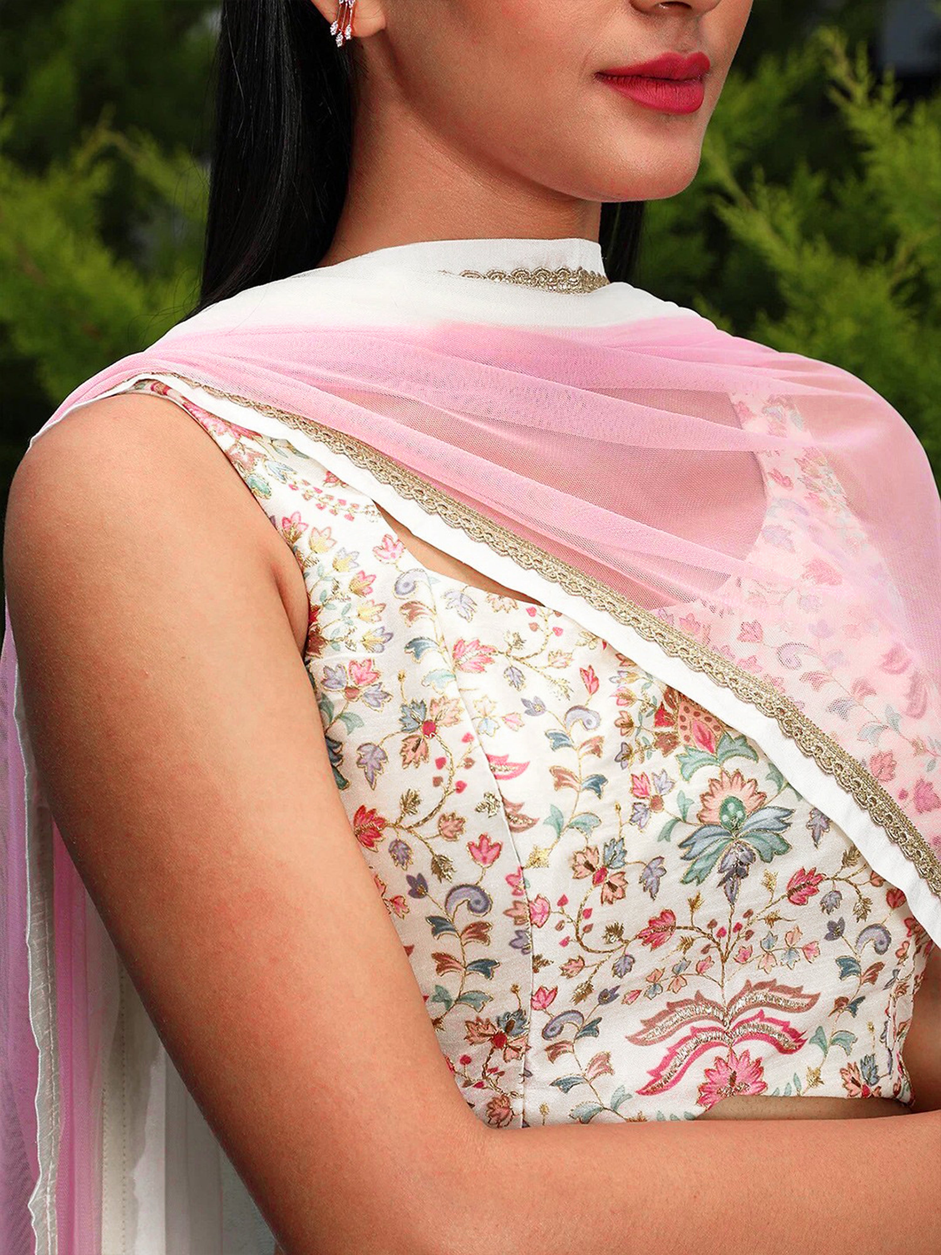 White Georgette Printed Lehenga Choli Unstitch Blouse with Dupatta For Women