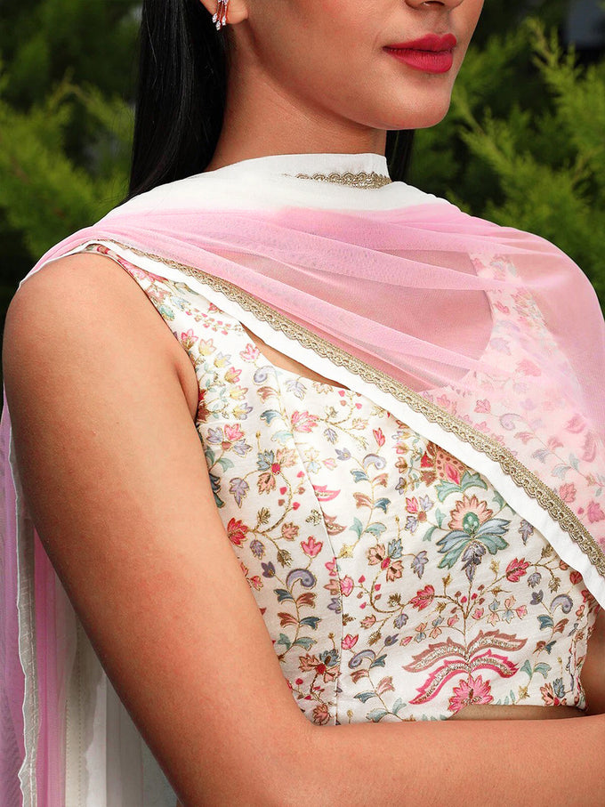 White Georgette Printed Lehenga Choli Unstitch Blouse with Dupatta For Women