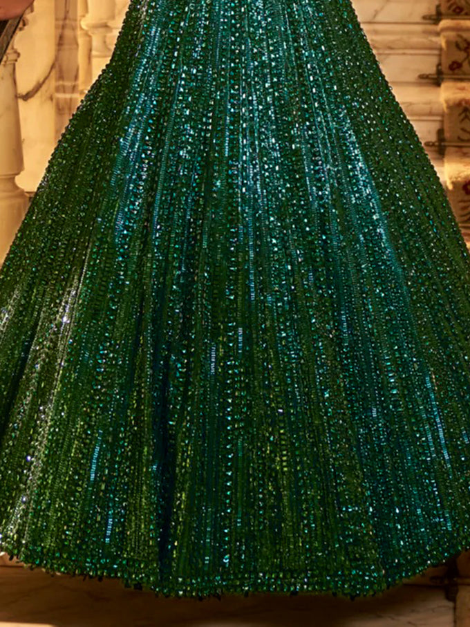 Dark Green Net Heavy Embroidery Sequence work Bridal Lehenga Choli with Dupatta