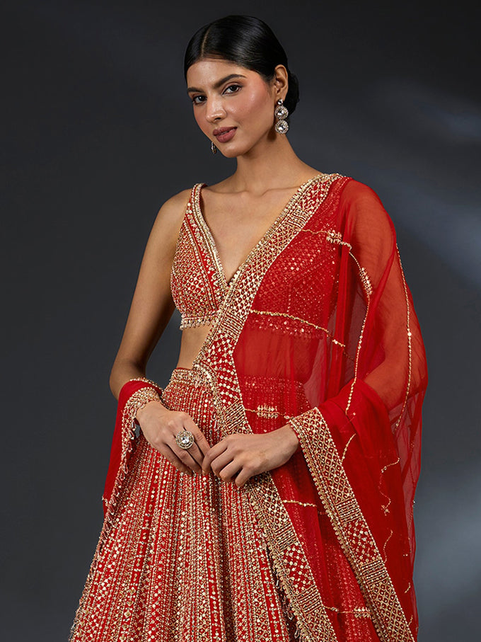 Red Satin Embroidery With Sequence Work Lehenga Choli Unstitch Blouse with Dupatta For Women