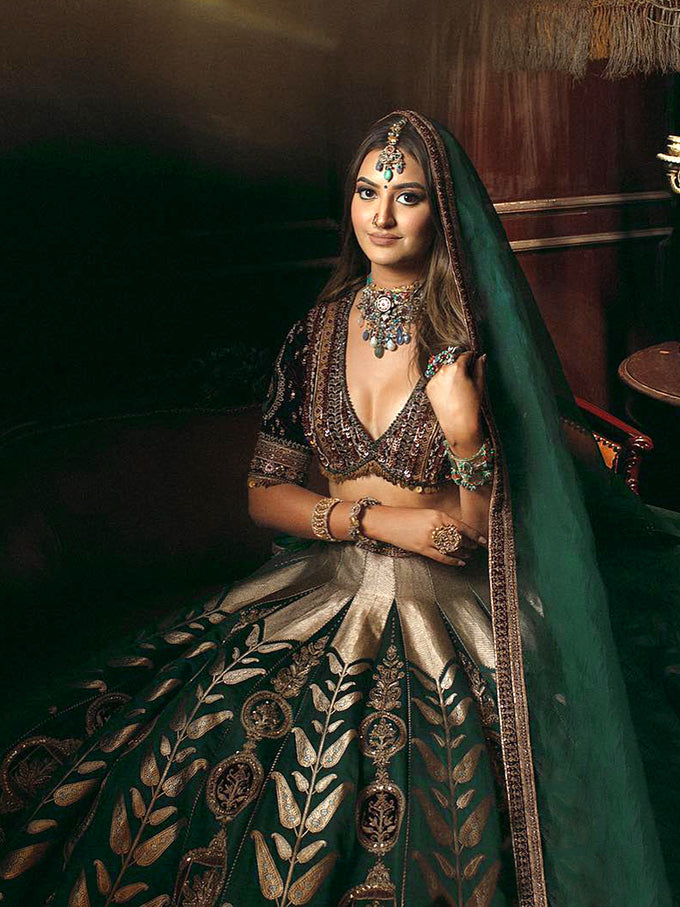 Dark Green crepe Embroidery work Bridal Lehenga Choli with Dupatta