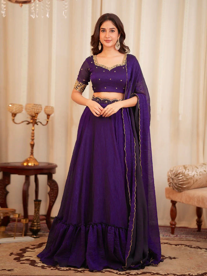 Purple Art Silk Embroidery Work Lehenga Choli Blouse with Dupatta
