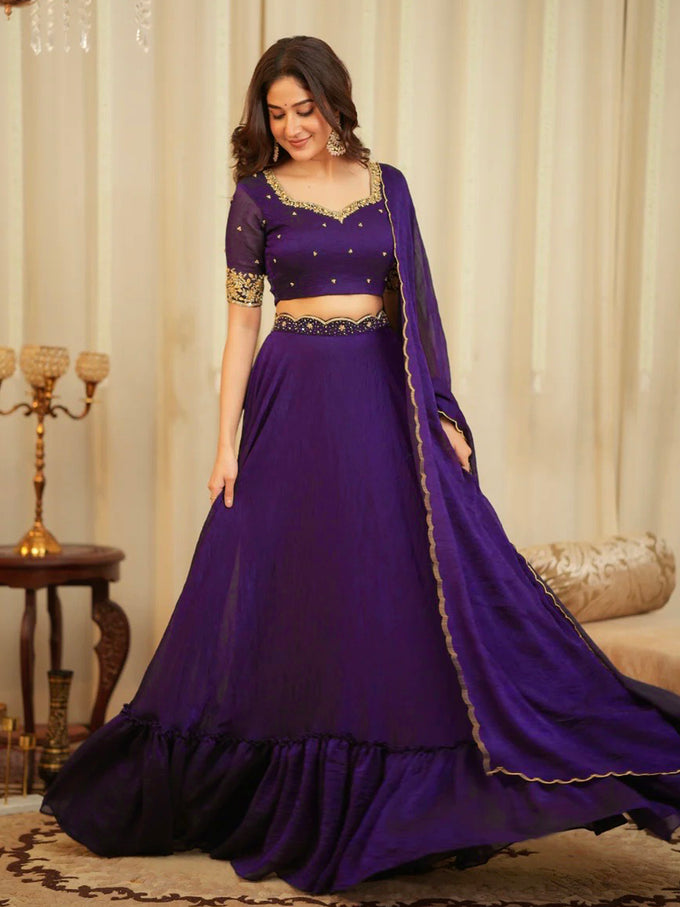 Purple Art Silk Embroidery Work Lehenga Choli Blouse with Dupatta