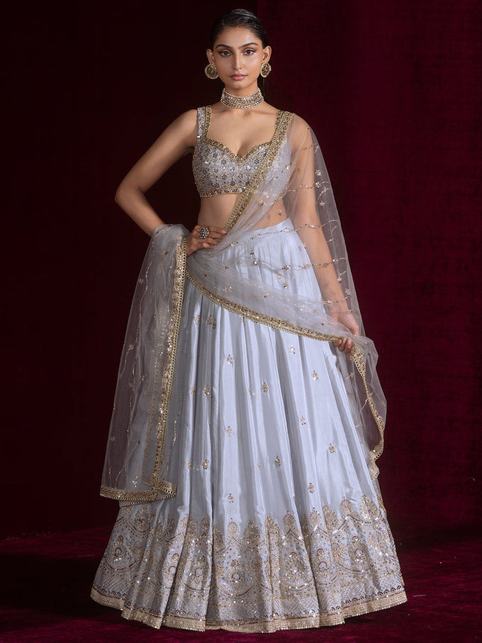 Grey Art Silk Embroidery Work Lehnga Choli With Dupatta