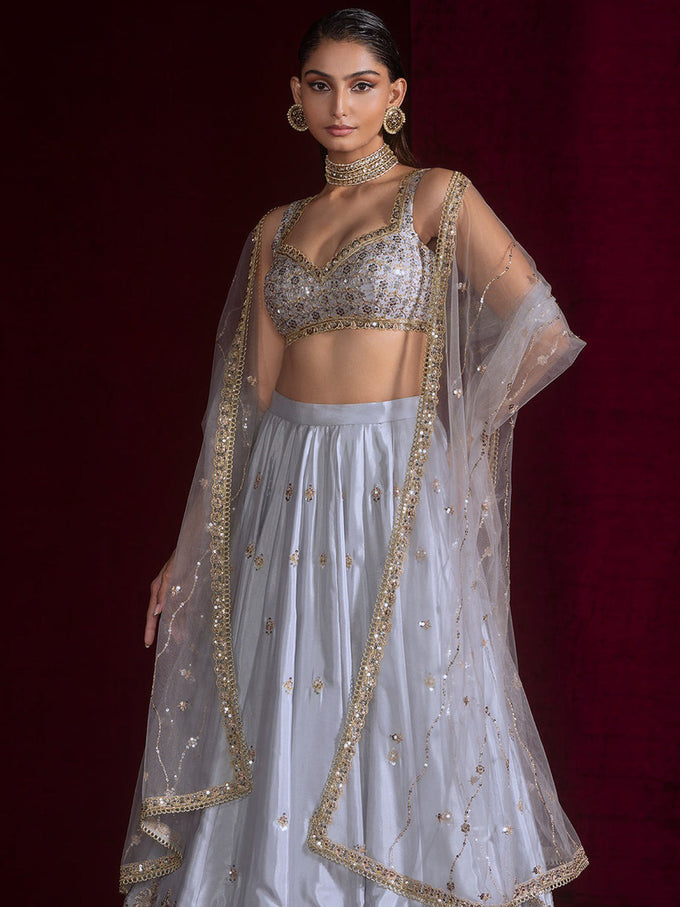 Grey Art Silk Embroidery Work Lehnga Choli With Dupatta