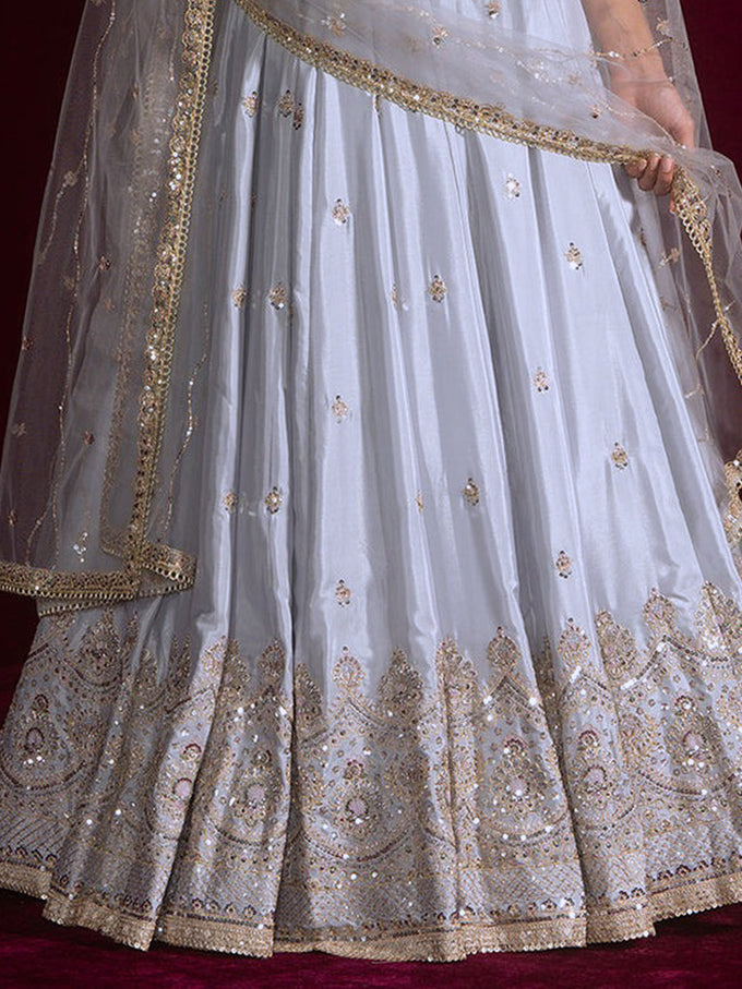 Grey Art Silk Embroidery Work Lehnga Choli With Dupatta