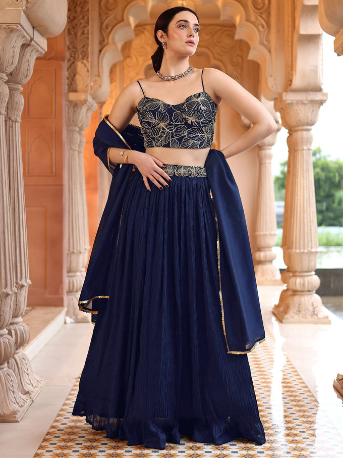 Navyblue Art Silk Embroidery With Sequence Work Lehenga Choli Blouse with Dupatta